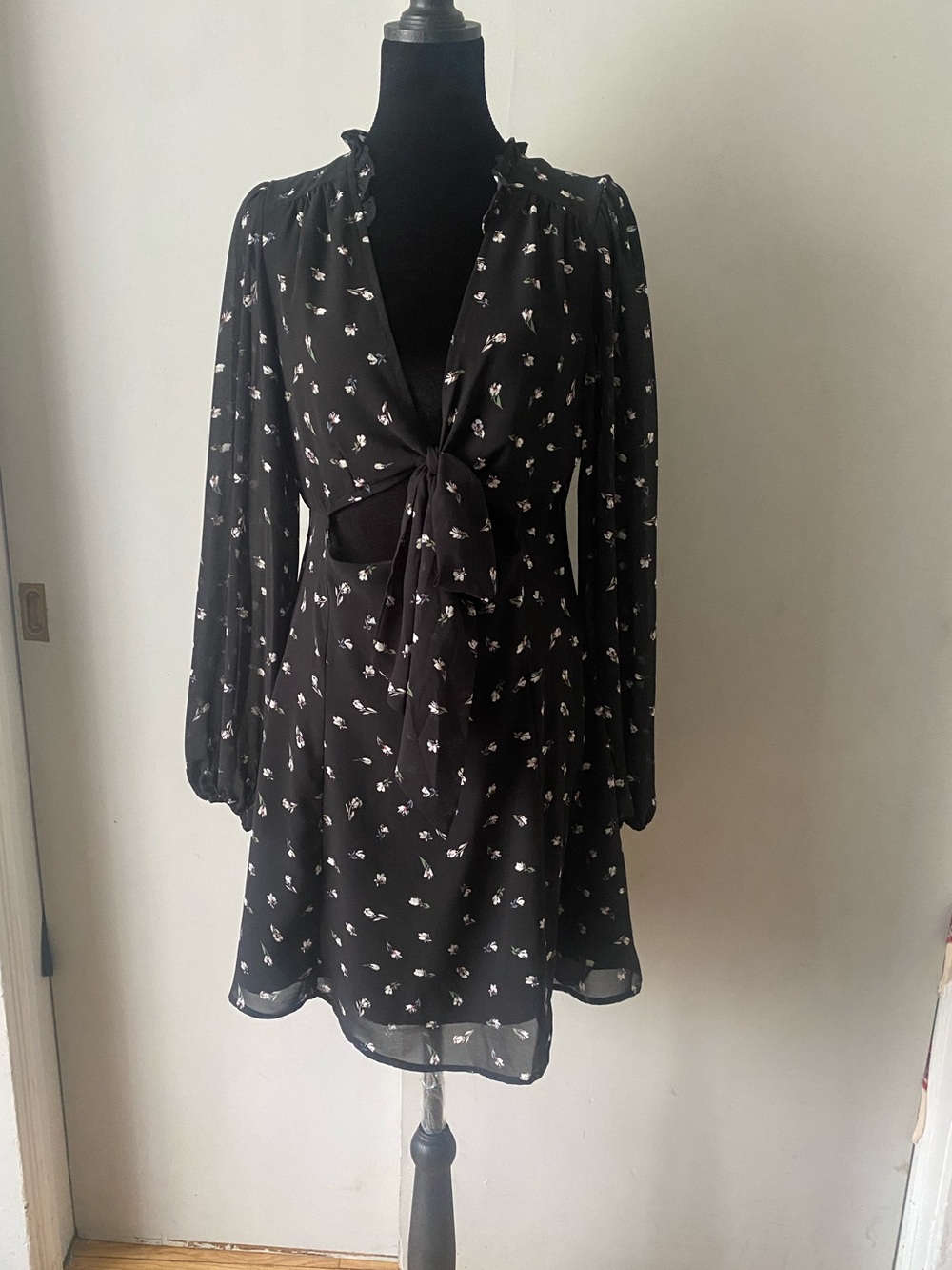 Le Lis Black Mini Dress with White Floral Tie-Front